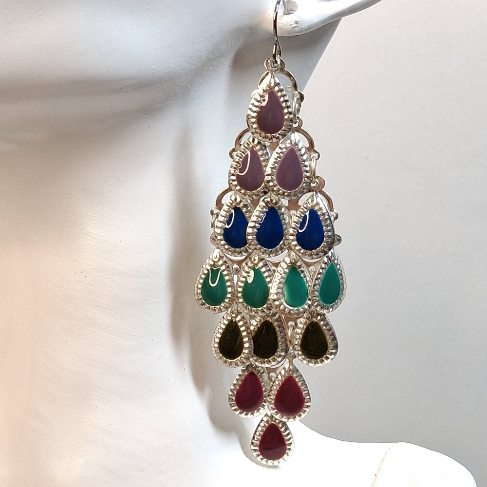 Boho Multi Color Enamel Teardrop Chandelier Earrings Silver Tone Statement